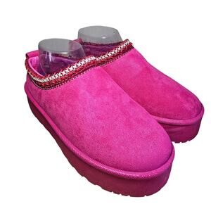 Sheln Hot Pink Platform Clogs Pink Faux Fur Lining Embroidery, EU 38, US 7.5